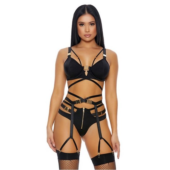 Black 3pc. Lingerie Bra, Panty, Garter Belt Set - Picture 1 of 4